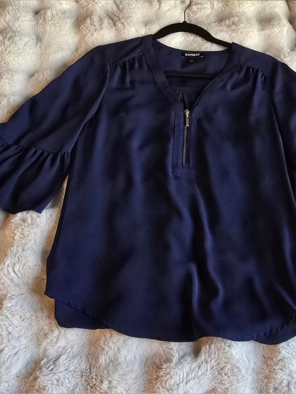 Express navy blue sheer chiffon v-neck blouse with tiered bell sleeves
